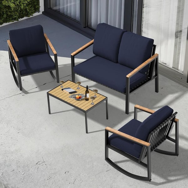JEAREY 4-Piece Metal Outdoor Patio Conversation Set with Navy Cushions, 2-Rocking Chairs and Coffee Table