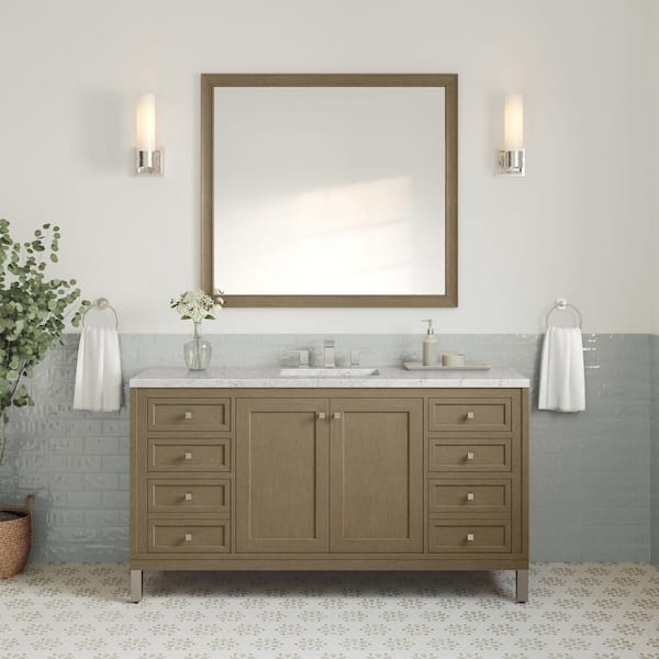 Chicago 60.0 in. Single Bath Vanity in Walnut Whisper with Wireless Charging Eternal Jasmine Pearl Quartz Top