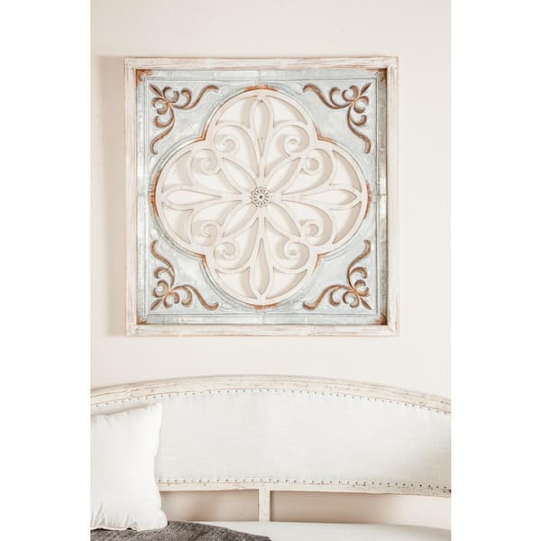 Litton Lane 36 in. x  36 in. Metal Gray Cutout Scroll Wall Decor with Brown Wood Accents