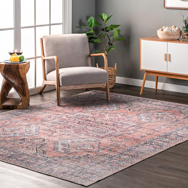 Maple Grey 5 ft. x 8 ft. Machine Washable Floral Medallion Indoor Area Rug