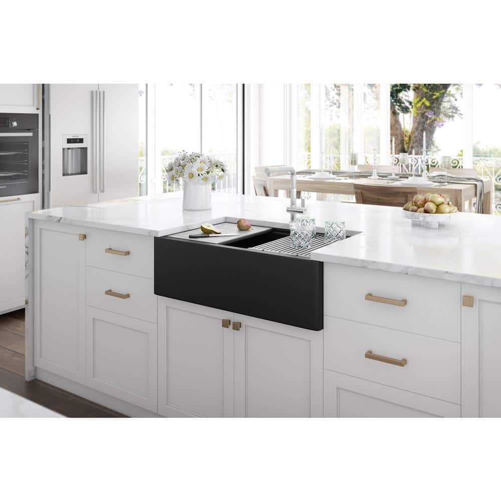 Midnight Black Granite Farmhouse Workstation Sink with Accessories