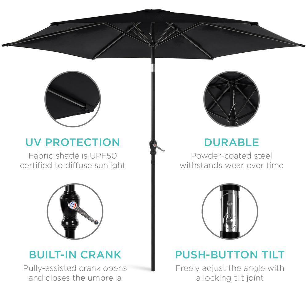 10ft Black Powder-Coated Steel Outdoor Patio Umbrella with Crank