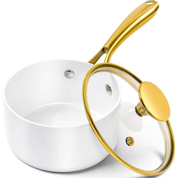 1 qt. Nonstick Ceramic Sauce Pan with Lid in White, Ergonomic Handle, Quick Heating, Non-Toxic Coating