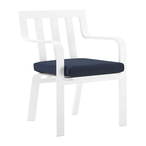 Baxley Stackable Aluminum Outdoor Dining Chair in White with Navy Cushion