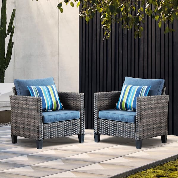 XIZZI Megon Holly Gray Stationary 2-Piece Wicker Outdoor Patio Lounge Chair with Denim Blue Cushions