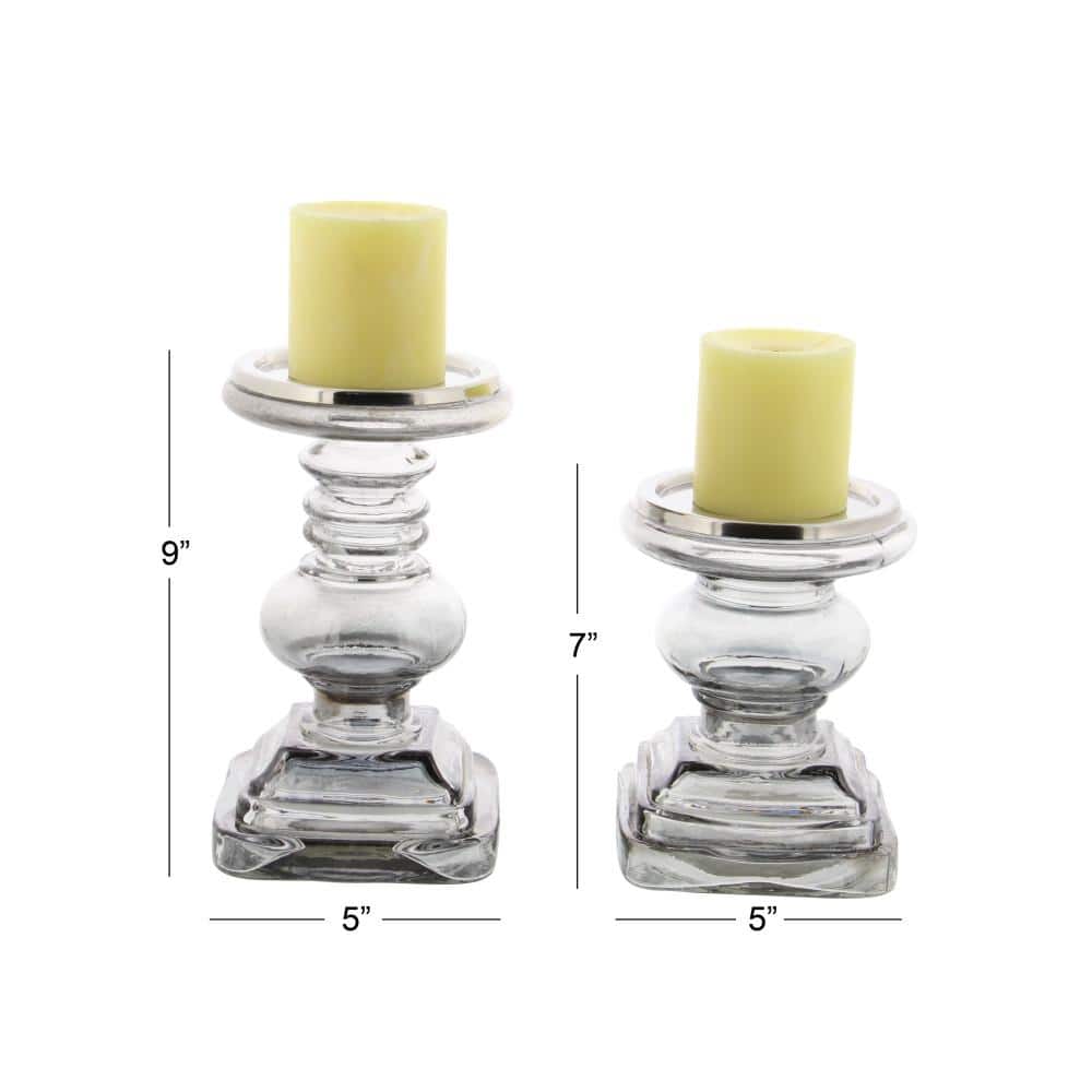 Translucent Silver Glass Pillar Candle Holder Set with Pedestal Base