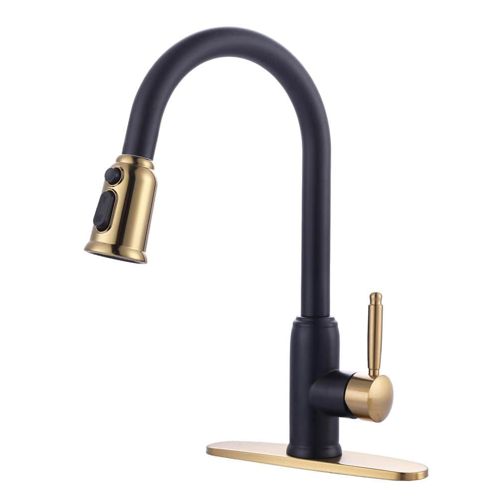 WOWOW Single Handle Deck Mount Gooseneck Pull Down Sprayer Kitchen Faucet with Deckplate Included in Black and Gold