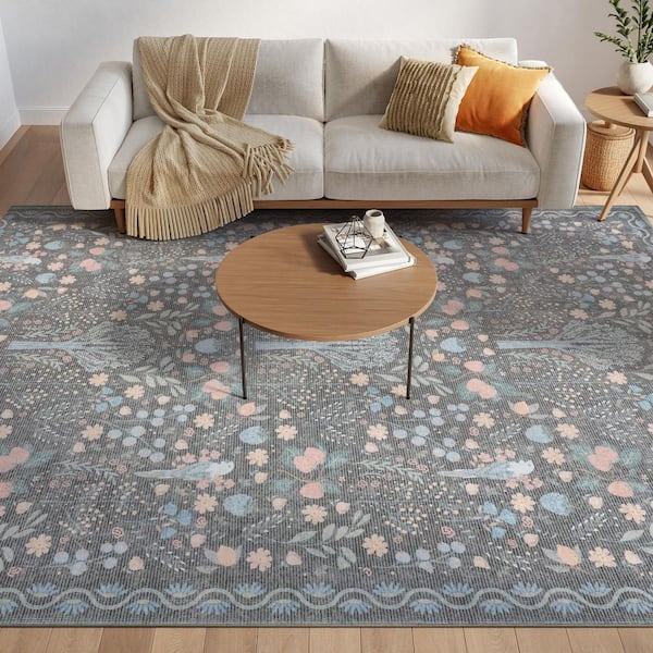 Botanical Washables Charcoal Multicolor 8 ft. x 10 ft. Botanical Contemporary Area Rug