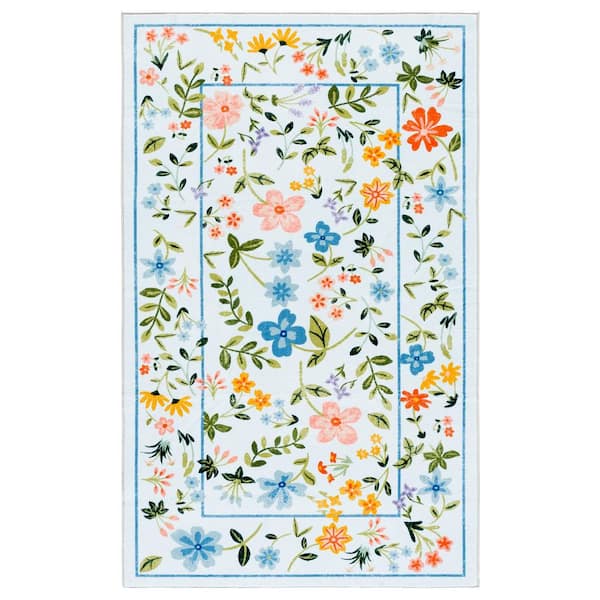 Martha Stewart Washable Light Blue/Rust 4 ft. x 6 ft. Machine Washable Border Floral Area Rug