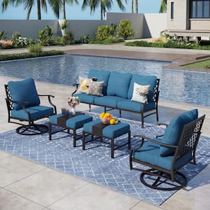 Black 5-Piece Metal Meshed 7-Seat Outdoor Patio Conversation Set with Peacock Blue Cushions 2 Swivel Chairs 2 Ottomans