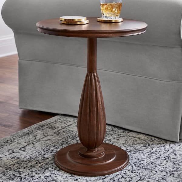 Home Decorators Collection Round Walnut Brown Wood Finish Accent Table with Detailed Pedestal (16 in. W x 21.5 in. H)