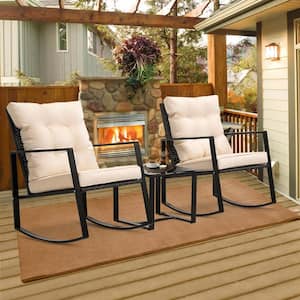 Black 3-Piece Wicker Rocking Patio Conversation Set with Beige Cushions for Patio, Garden, Backyard and Pool