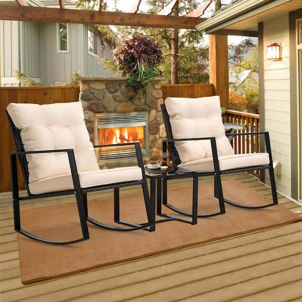 Zeus & Ruta Black 3-Piece Wicker Rocking Patio Conversation Set with Beige Cushions for Patio, Garden, Backyard and Pool