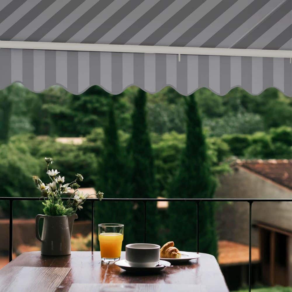 Gray and White Striped Motorized Retractable Patio Awning, 10' x 8'