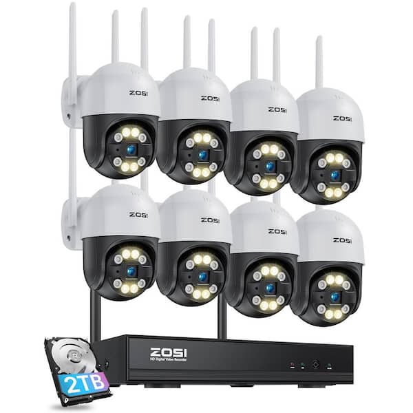 ZOSI Wireless 8-Channel 3MP 2K 2TB NVR Security Camera System with 8 360-Degree PTZ Outdoor Audio Cameras, Color Night Vision