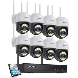 Wireless 8-Channel 3MP 2K 2TB NVR Security Camera System with 8 360-Degree PTZ Outdoor Audio Cameras, Color Night Vision