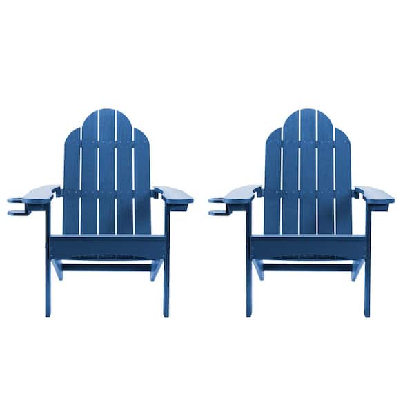 LUE BONA Classic Blue Plastic All-Weather Weather Resistant with Cup Holder Outdoor Patio Adirondack Chair (Set of 2)