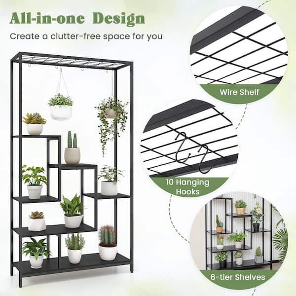 71 in. H x 40 in. W x 12 in. D Indoor/Outdoor Black Metal Steel and Wood Plant Stand