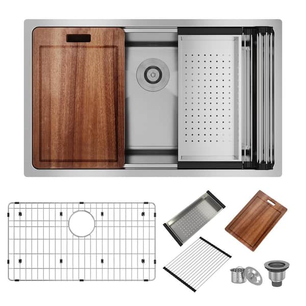 Boyel Living 31 in. Undermount Kithchen Sink Single Bowl 18 Gauge Brushed Sink Material with Drain Bottom Grid and accessories