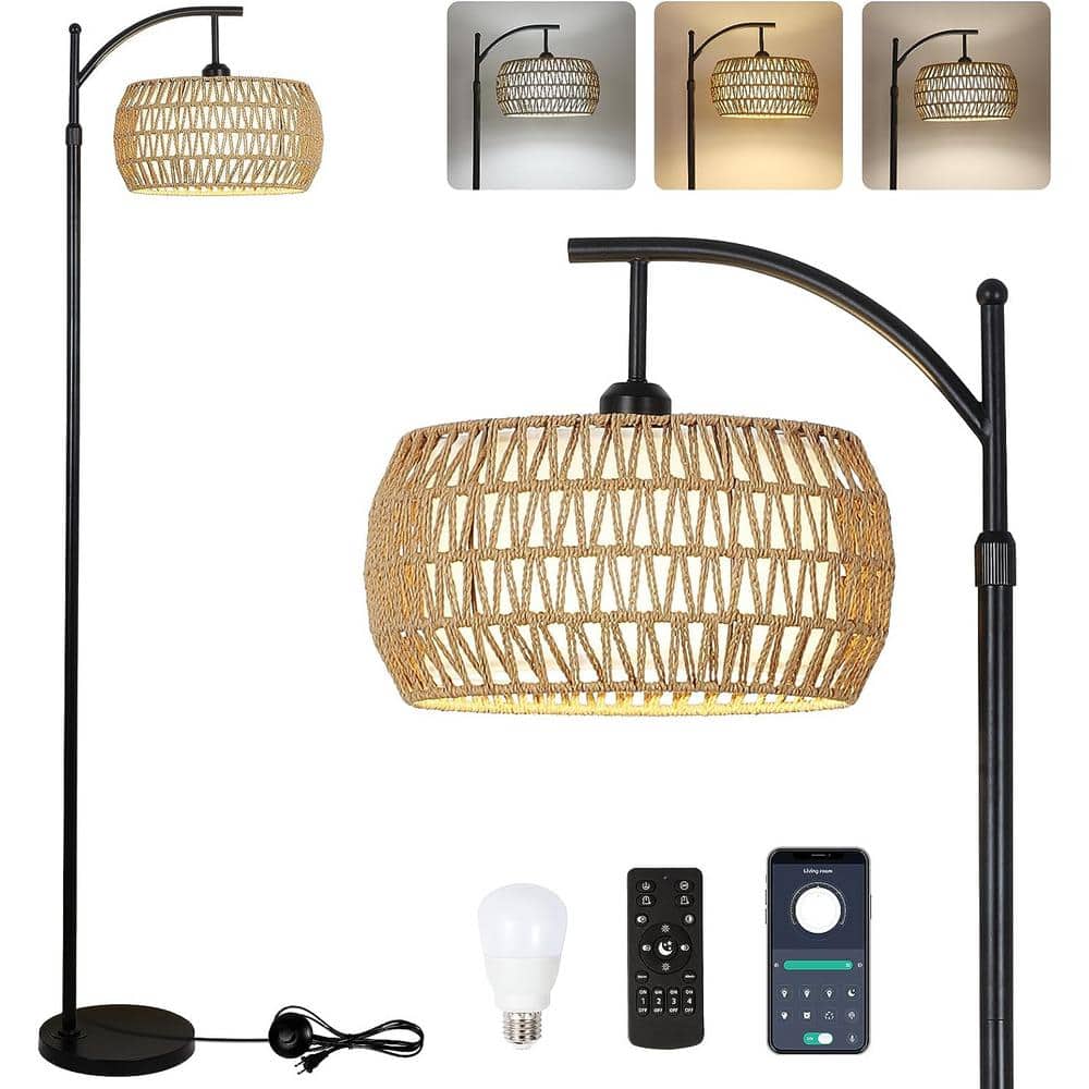 65 in. Brown Plus Black 1-Light Dimmable Lantern Floor Lamp with Rattan Sha