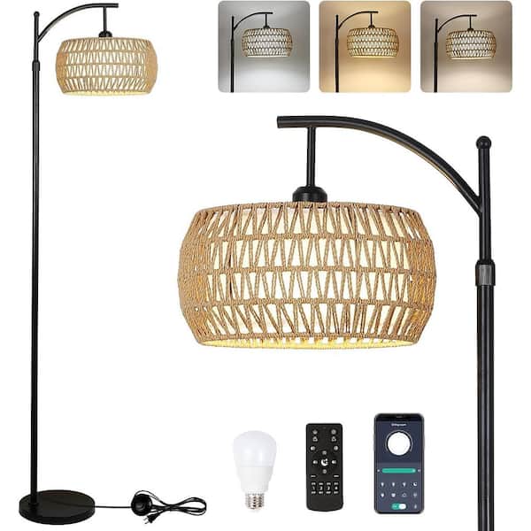 Jushua 65 in. Brown Plus Black 1-Light Dimmable Lantern Floor Lamp with Rattan Shade and Remote Control