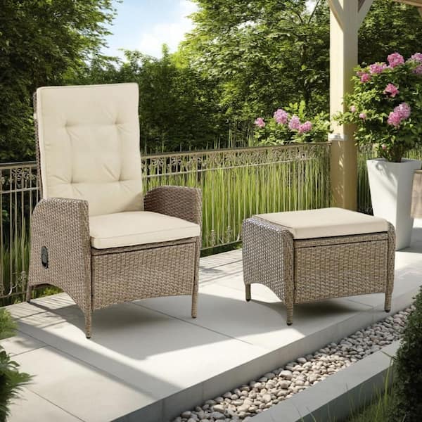 Ankia Natural Teak Brown 4-Piece Wood Outdoor Reclining Chair and Ottoman Set with Beige Cushions