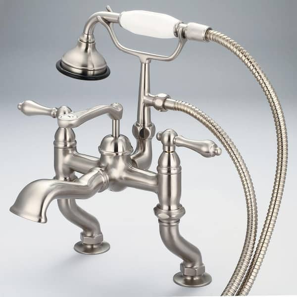 3-Handle Vintage Claw Foot Tub Faucet with Handshower and Lever Handles in Brushed Nickel