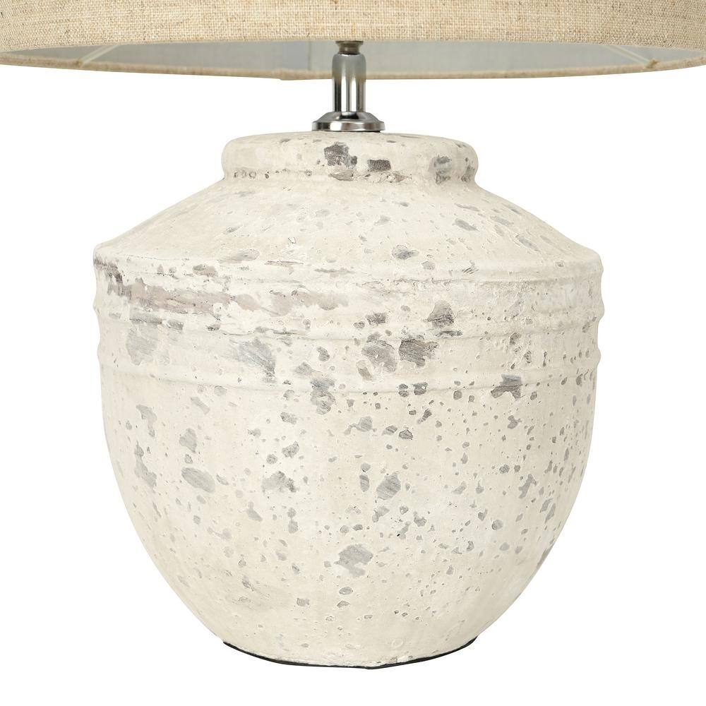 Distressed White Cement Table Lamp with Beige Linen Shade