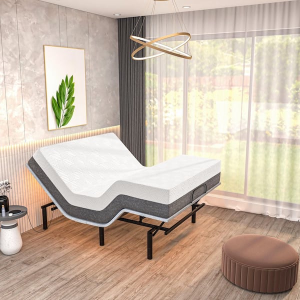 Gray Twin XL Adjustable Bed Frame USB, APP, Dual Massage, Head/Foot Incline, Under Bed Light with 14 in. Hybrid Mattress