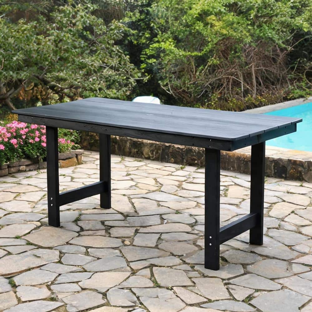 4-Seater HDPE Rectangular Outdoor Dining Table with Umbrella Hole Deep Black 66.9 x 31.34 Inches