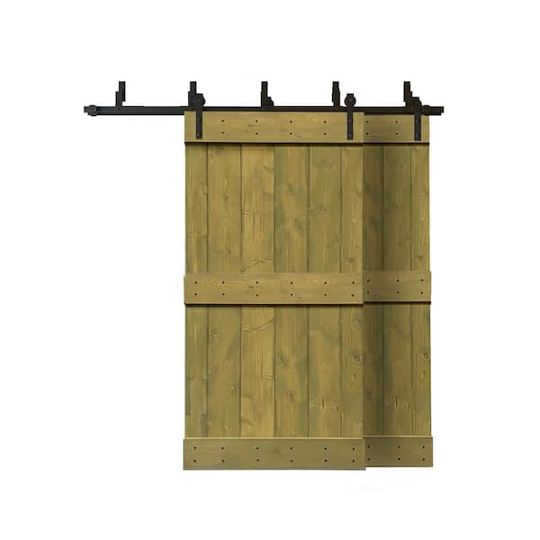 CALHOME 76 in. x 84 in. Mid-Bar Bypass Jungle Green Stained Solid Pine Wood Interior Double Sliding Barn Door with Hardware Kit