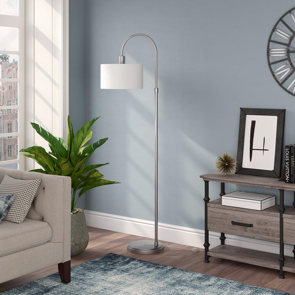 Sophia 70" White Drum Shade Arc Floor Lamp with Brushed Nickel Base