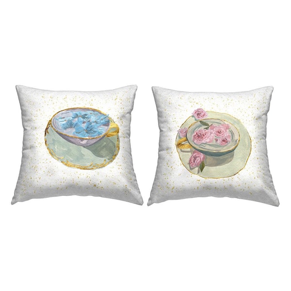 Stupell Industries Floral Glam Teacups Off-White Square Outdoor Throw Pillow 2-Pack