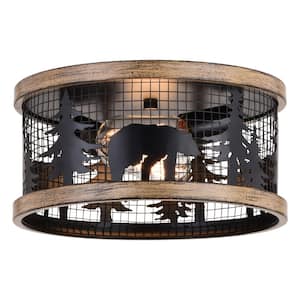 Kodiak 12 in. W Black Rustic Round Cage Flush Mount Ceiling Light Fixture Bear and Tree Motif