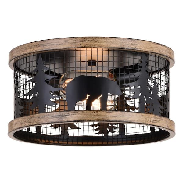 Kodiak 12 in. W Black Rustic Round Cage Flush Mount Ceiling Light Fixture Bear and Tree Motif