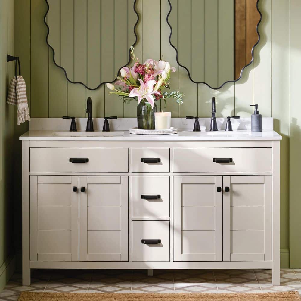 Stanhope 61 in. Double Sink Freestanding Even Better Beige Bath Vanity w/ Crystal White Engineered Stone Top (Assembled)