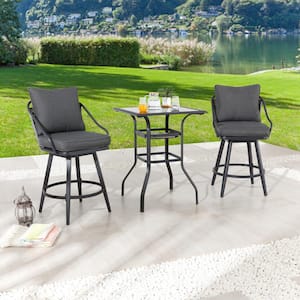 3-Piece Metal Bar Height Outdoor Dining Set with Gray Cushions