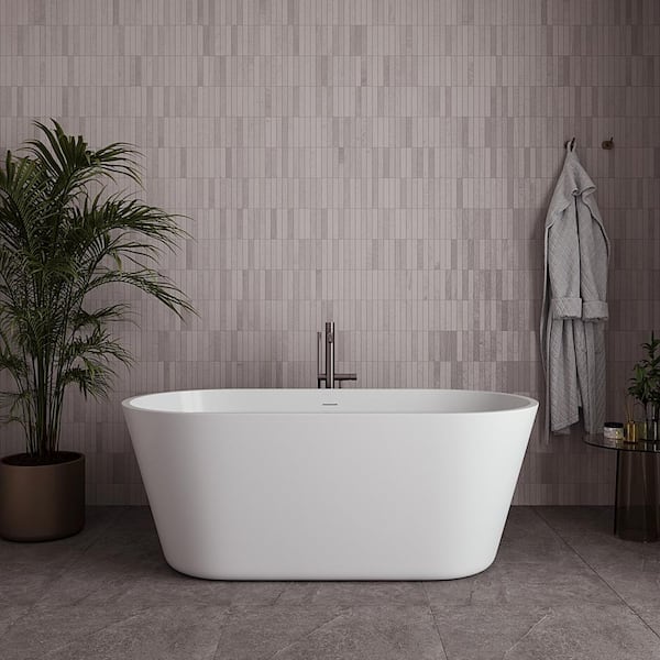 59 in. x 30 in. Acrylic Freestanding Soaking Bathtub in Glossy White with Brushed Nickel Drain