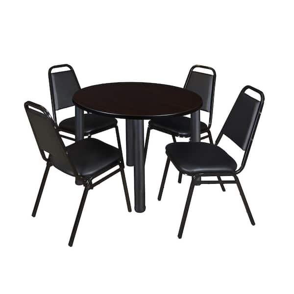 Regency Rumel 36 in. Round Mocha Walnut and Black Wood Breakroom Table and 4 Restaurant Stack Chairs (4-Capacity)