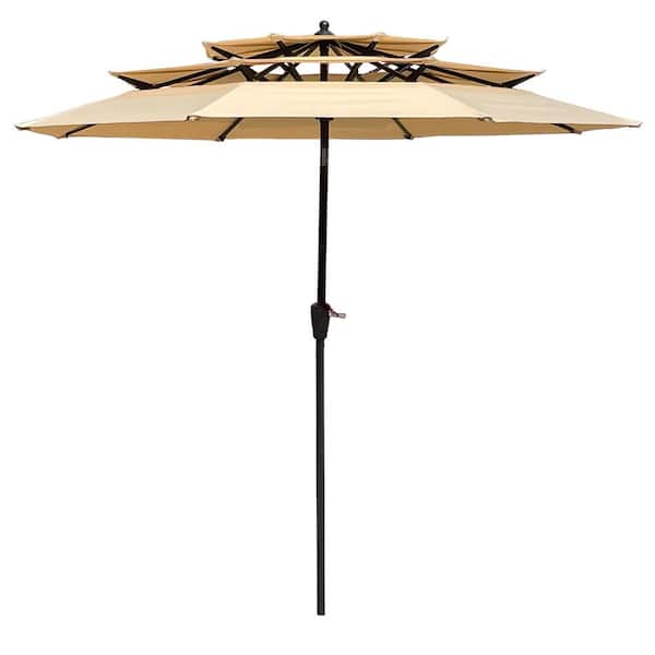 GAWEZA 9 ft. Octagon Steel Market Tilt Patio Umbrella in Tan with 3-Tiers Vent and Crank for Garden Deck Backyard Poolside