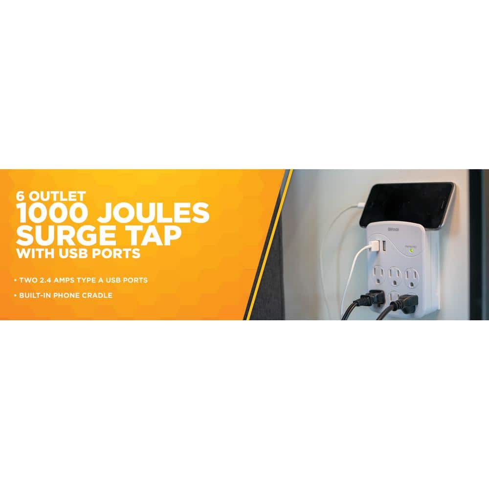 White 6-Outlet Surge Protector with 2 USB Ports