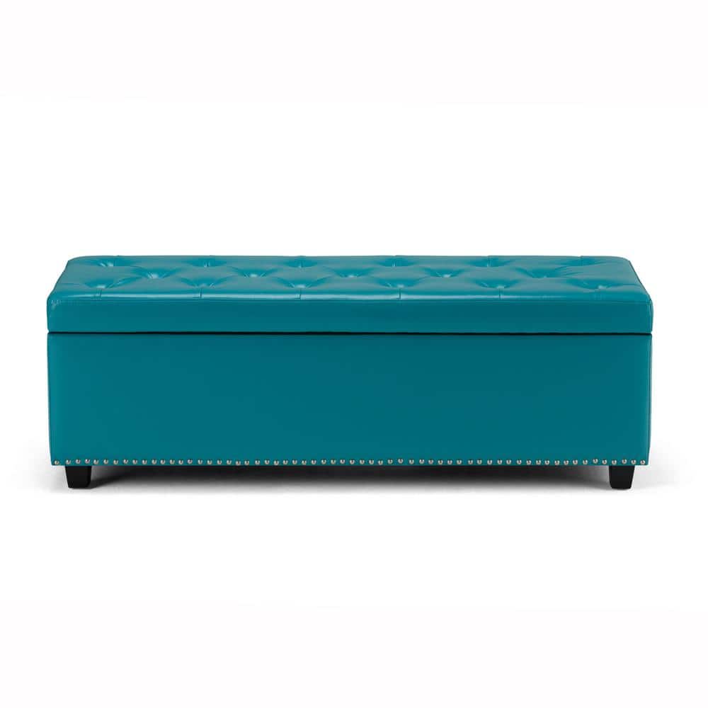 Mediterranean Blue Tufted Bonded Leather Large Storage Ottoman