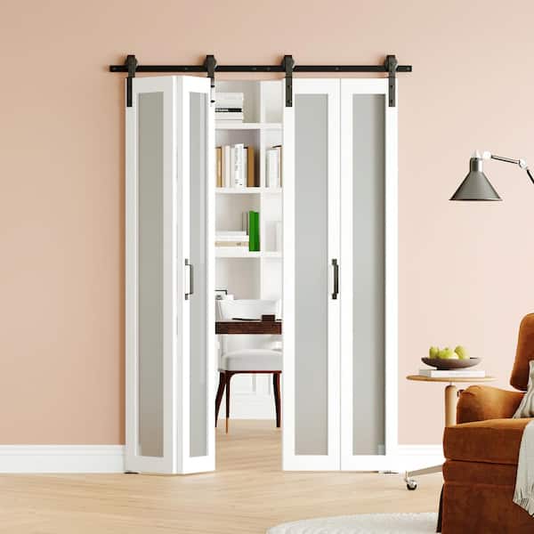 48 in. x 84 in. (24 in. W x 2) White, Tempered Frosted Glass, MDF, Bi-Fold, Full Lite Sliding Barn Door w/ Hardware Kit