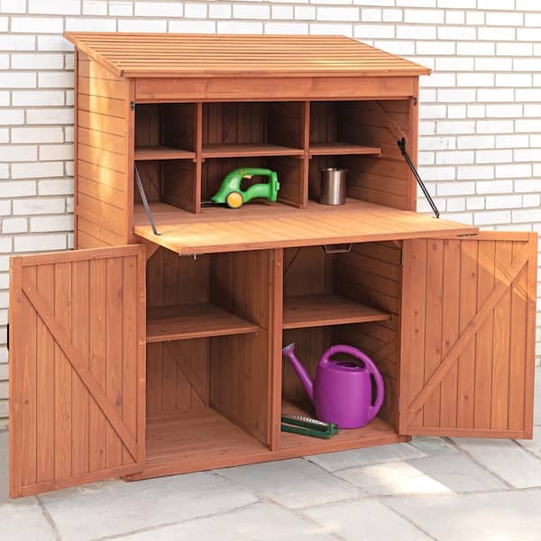 Leisure Season 50 in. W x 29 in. D x 63 in. H Medium Brown Cypress Storage Shed Cabinet with Drop Table