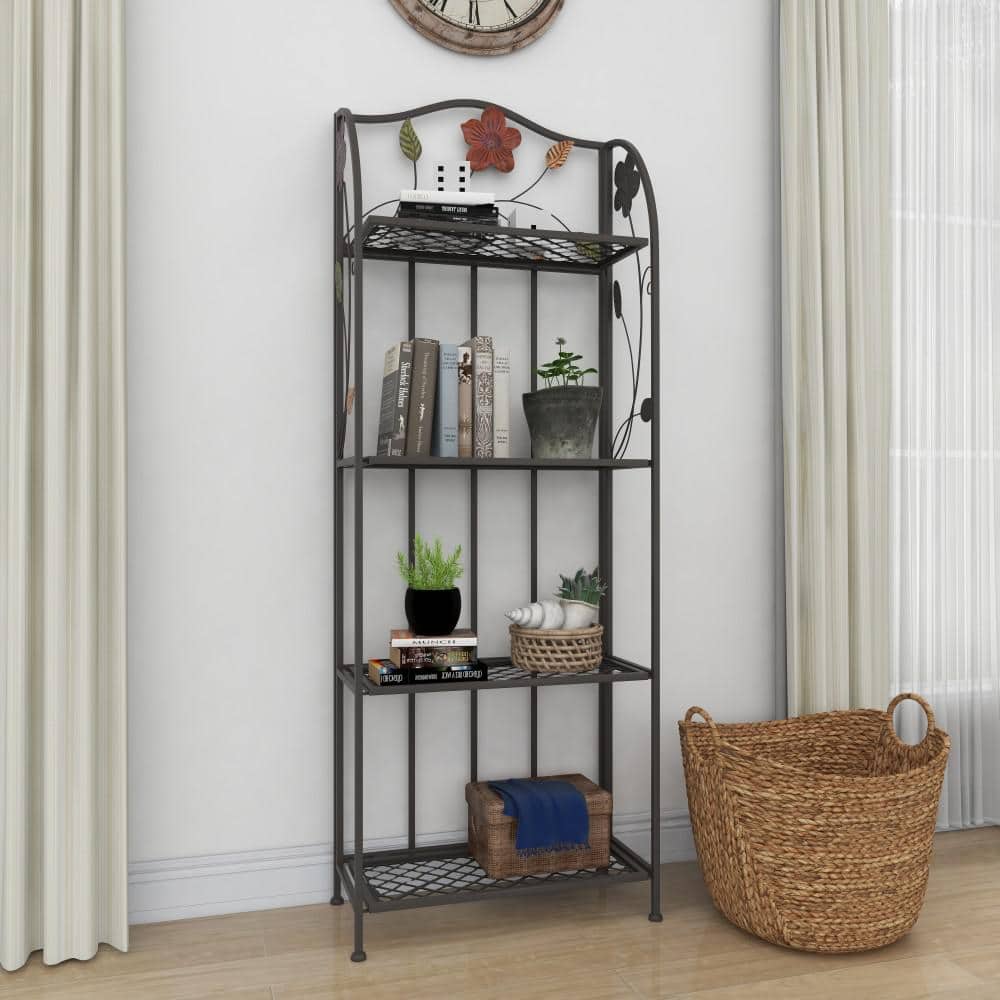 Black Metal Floral Tall Folding Bakers Rack with 4 Shelves