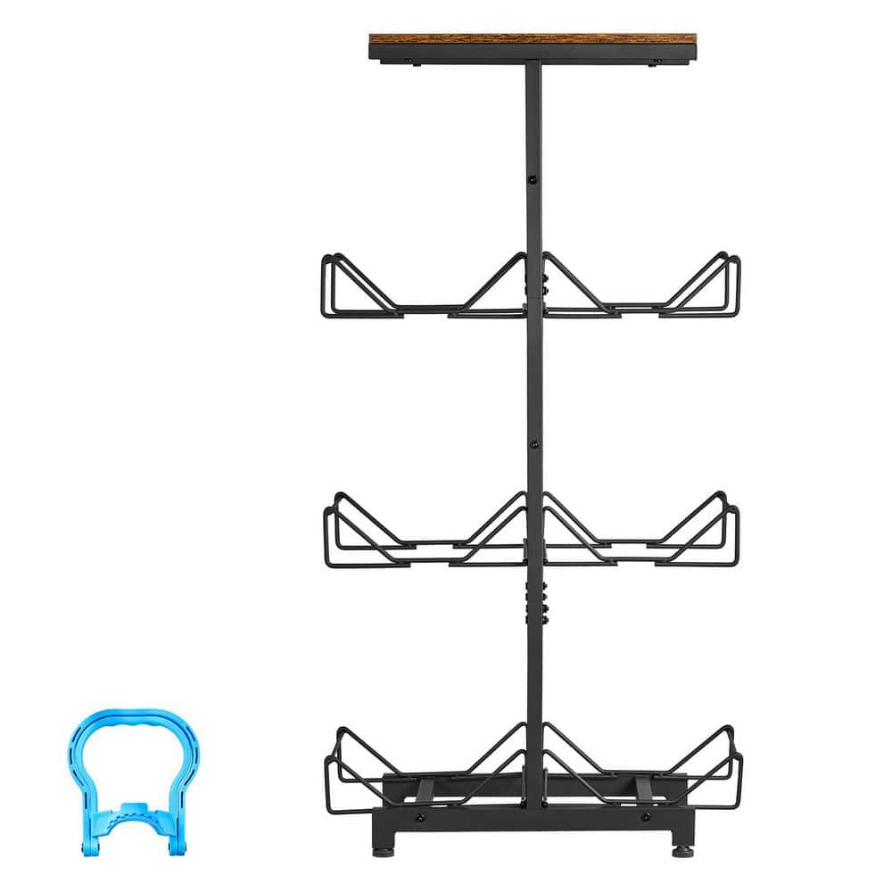 4-Tier Double Row Water Jug Rack, Holds 6 Bottles (3 and 5 Gal.) Foldable, Durable Organizer w/ Handles, Black and Brown