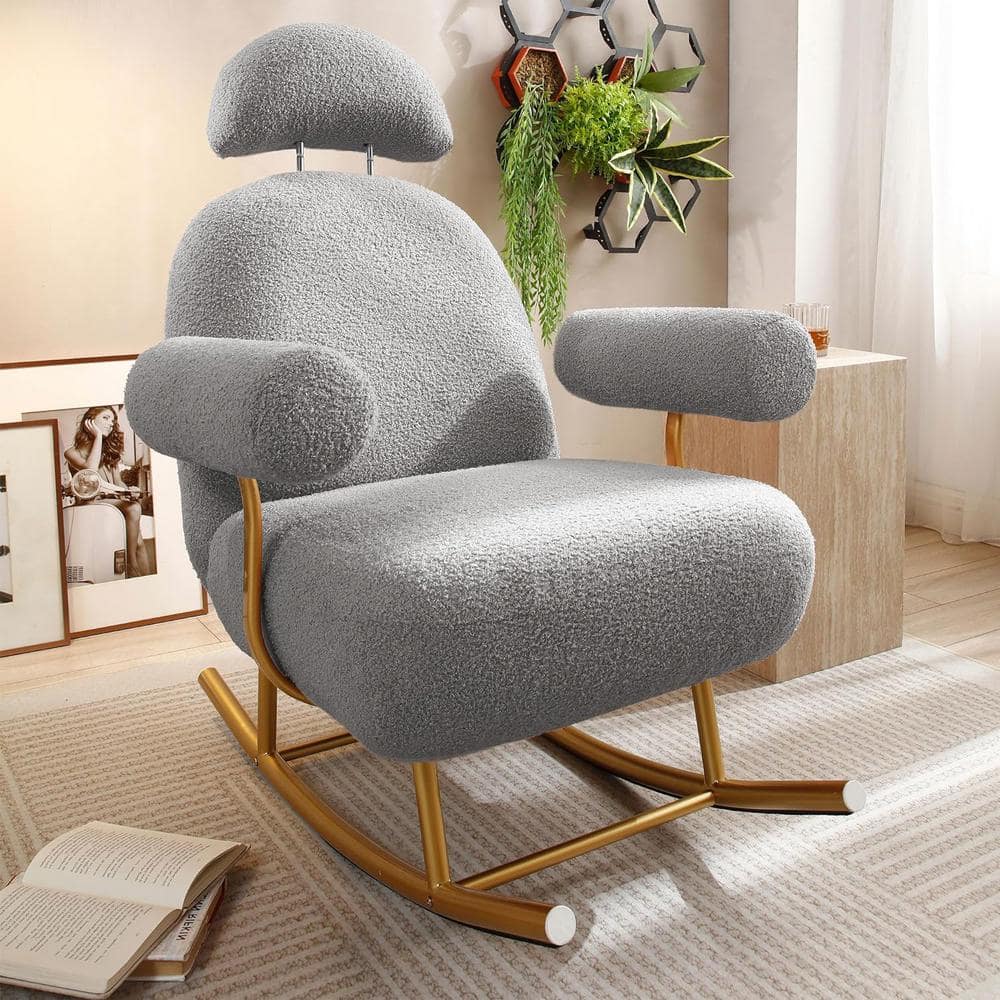 Grey Sherpa Fabric Nursery Rocking Armchair Accent Upholstered Rocker Glide