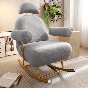 Grey Sherpa Fabric Nursery Rocking Armchair Accent Upholstered Rocker Glider Leisure Sofa with Adjustable Headrest