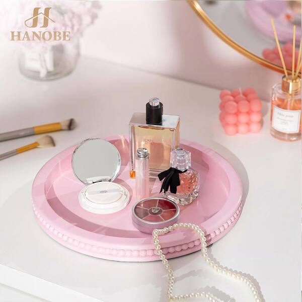 Afoxsos Pink Tray Decorative Round Beaded Perfume for Dresser Circle Vanity Makeup Serving Tray for Ottoman and Coffee Table