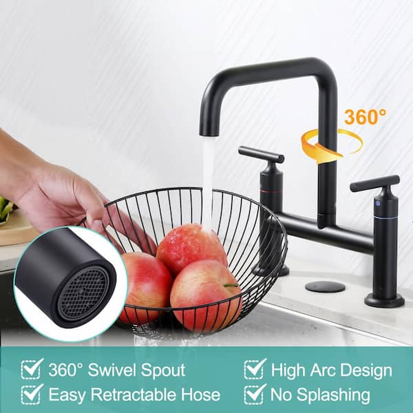 Modern Double Handle High Arc Solid Brass Bridge Kitchen Faucet in Matte Black